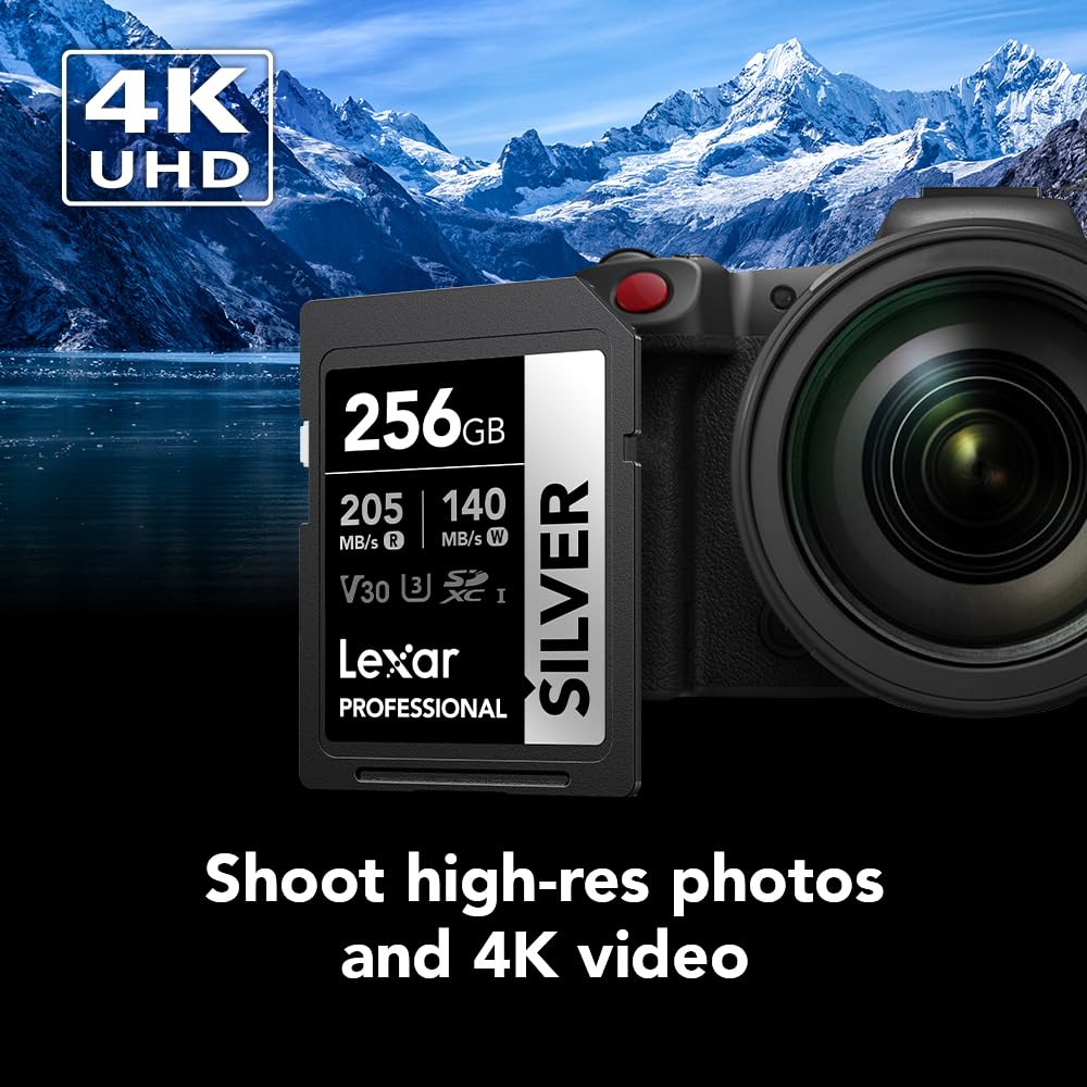 Lexar 256GB Professional Silver SD Card, UHS-I, C10, U3, V30, 4K, Up to 205/140 MB/s SDXC Memory Card, for Photographer, Videographer, Enthusiast