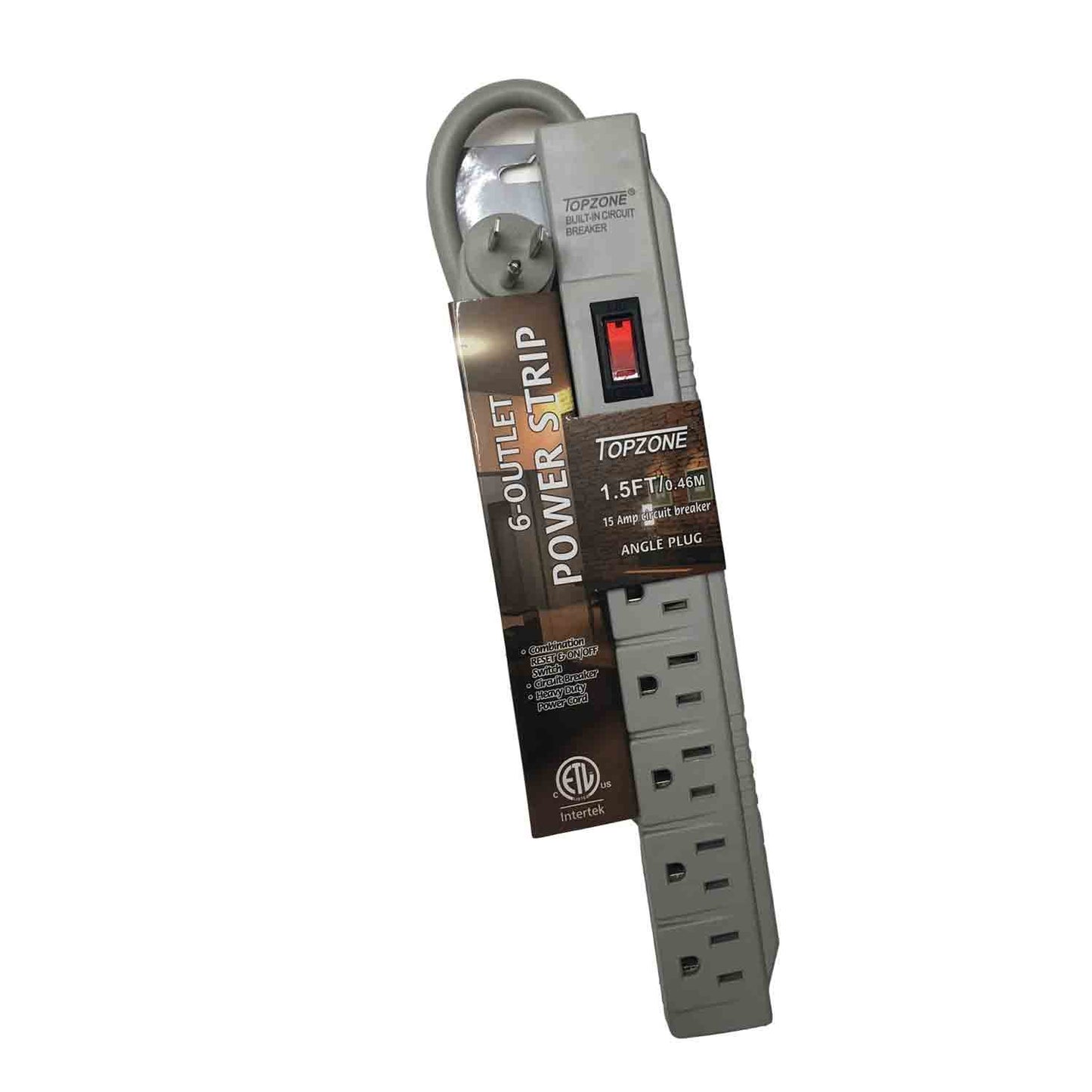 Topzone 6 Outlet 1.5Ft Safety Circuit Breaker Angle Electrical Wall Plug AC Wall Power Strip Switch Adapter ETL Listed(Gray)