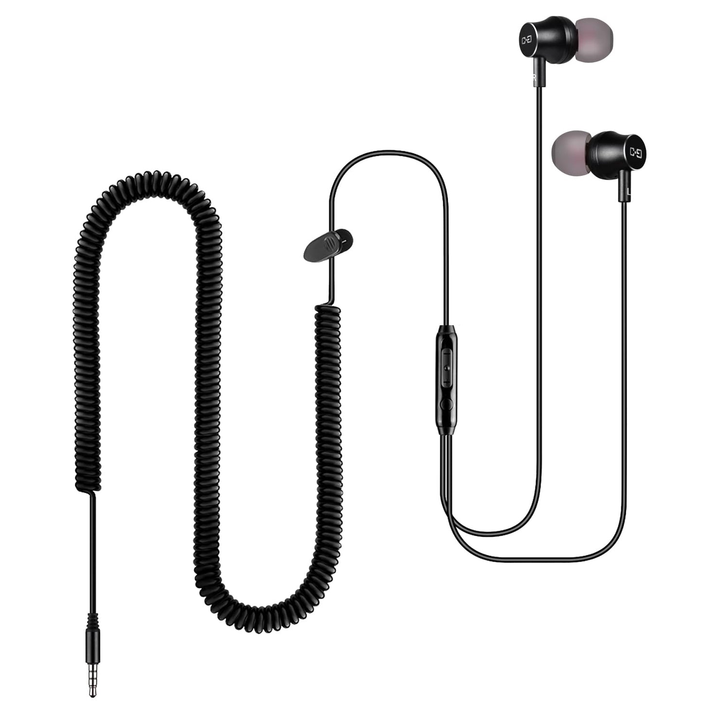 Extra Long Earbuds for TV & PC, with 12FT Spring Coiled Extension Cable, Volume Control & Mic, in-Ear Wired Headphones for 3.5mm Audio Output Devices