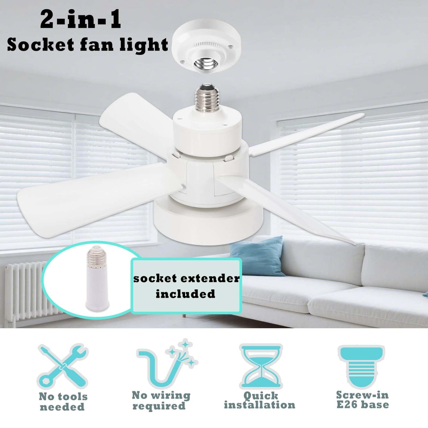 Yaoten Socket Fan Light with Remote, Dimmable LED Ceiling Fan (3000K-6500K), 3 Speed Choices, E26 Base Mini Fan Light for Bedroom, Kitchen, Garage
