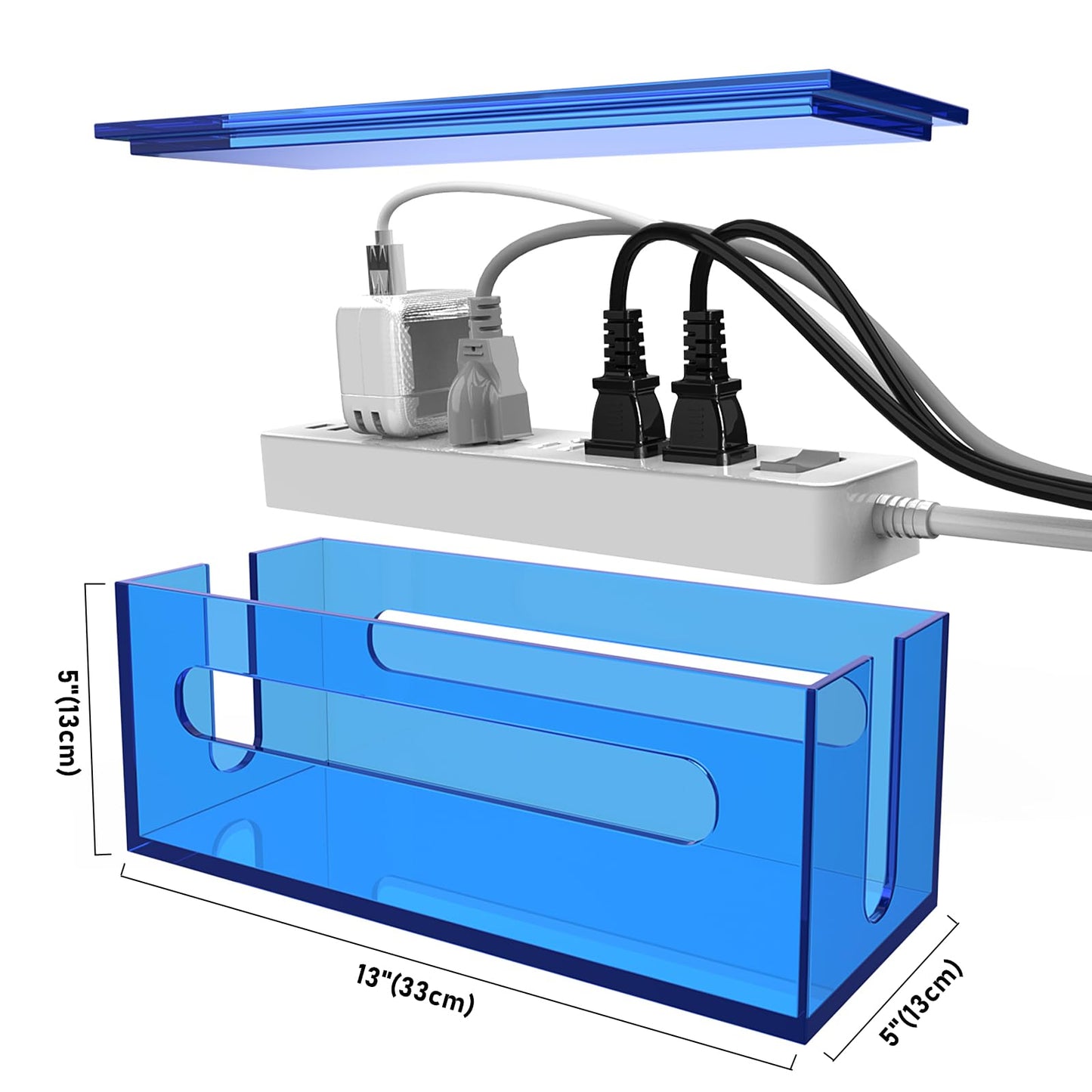 Cable Management Box Acrylic Cord Organizer Box Power Strip Storage Box to Hide Wires, Blue