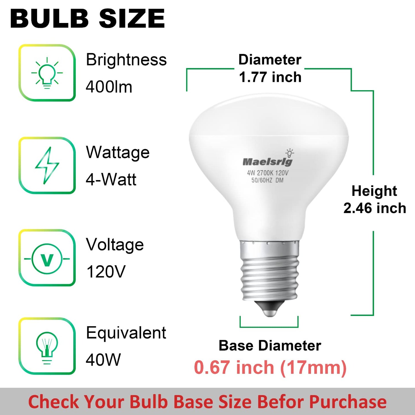 Maelsrlg E17 R14 LED Bulb, 4W (40W Equivalent) Mini Reflector Floodlight Light Bulb, E17 Intermediate Base, Soft White 2700K, 400 Lumens, Dimmable