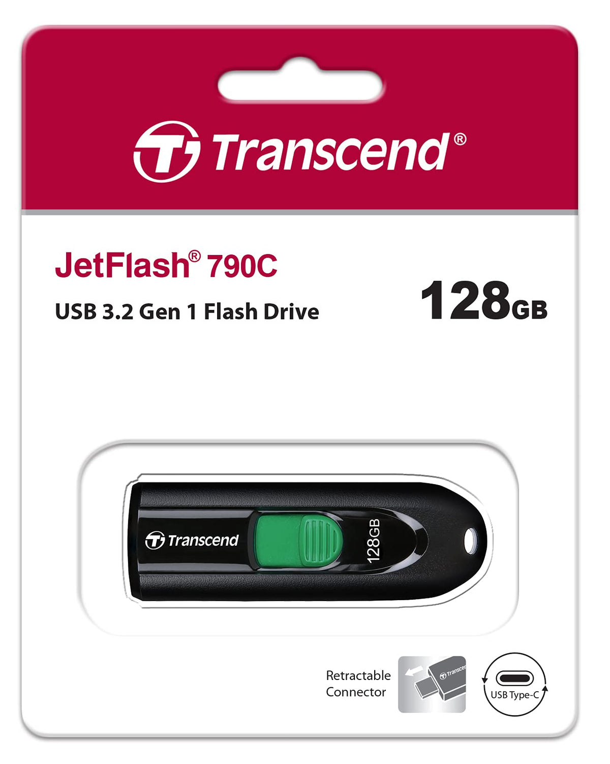 Transcend 128GB JetFlash 790 USB 3.0 Flash Thumb Drive, Type-C, Black