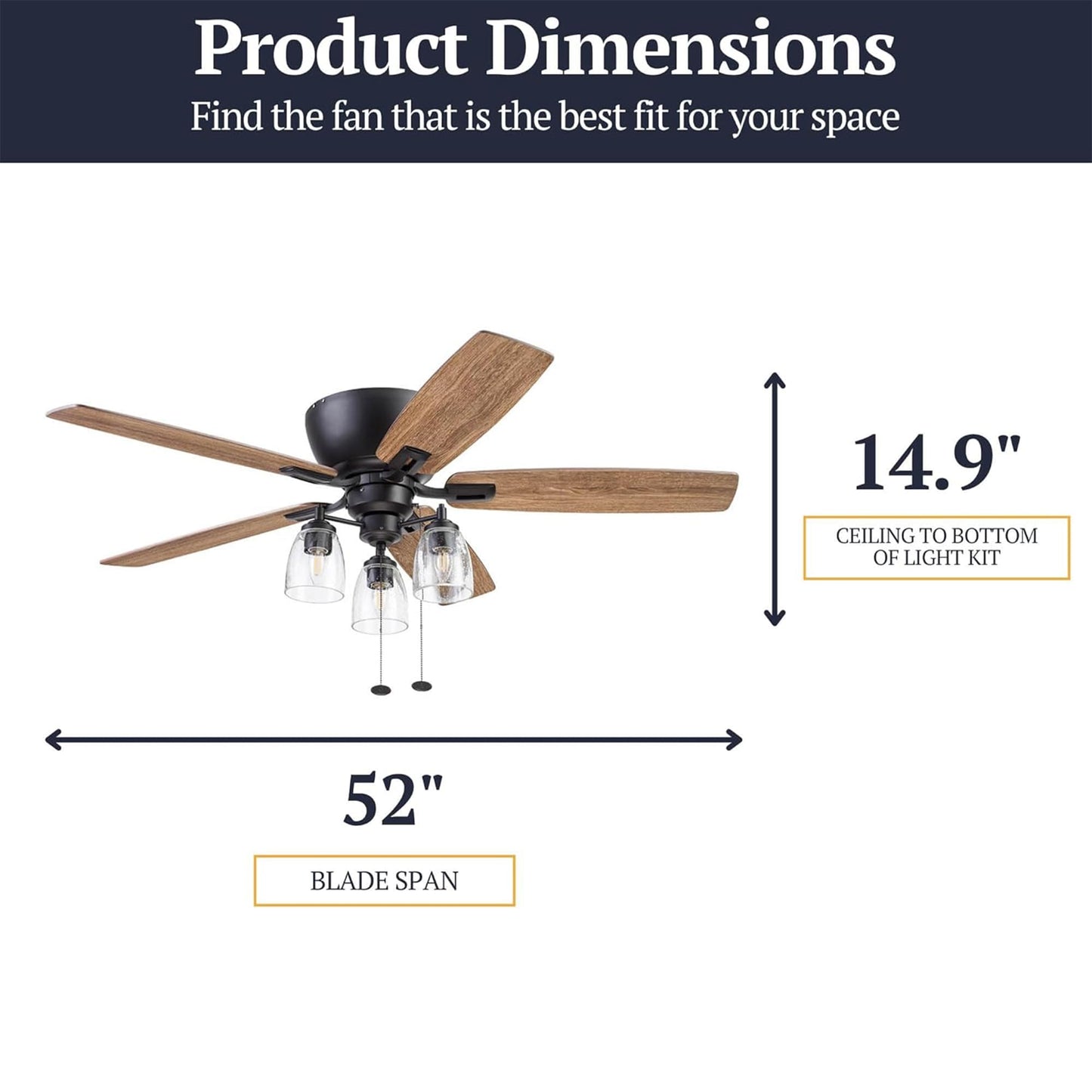 Prominence Home Arthur, 52 inch Industrial Farmhouse Flush Mount LED Ceiling Fan with Light, Pull Chain, Three Mounting Options, Dual Finish Blades