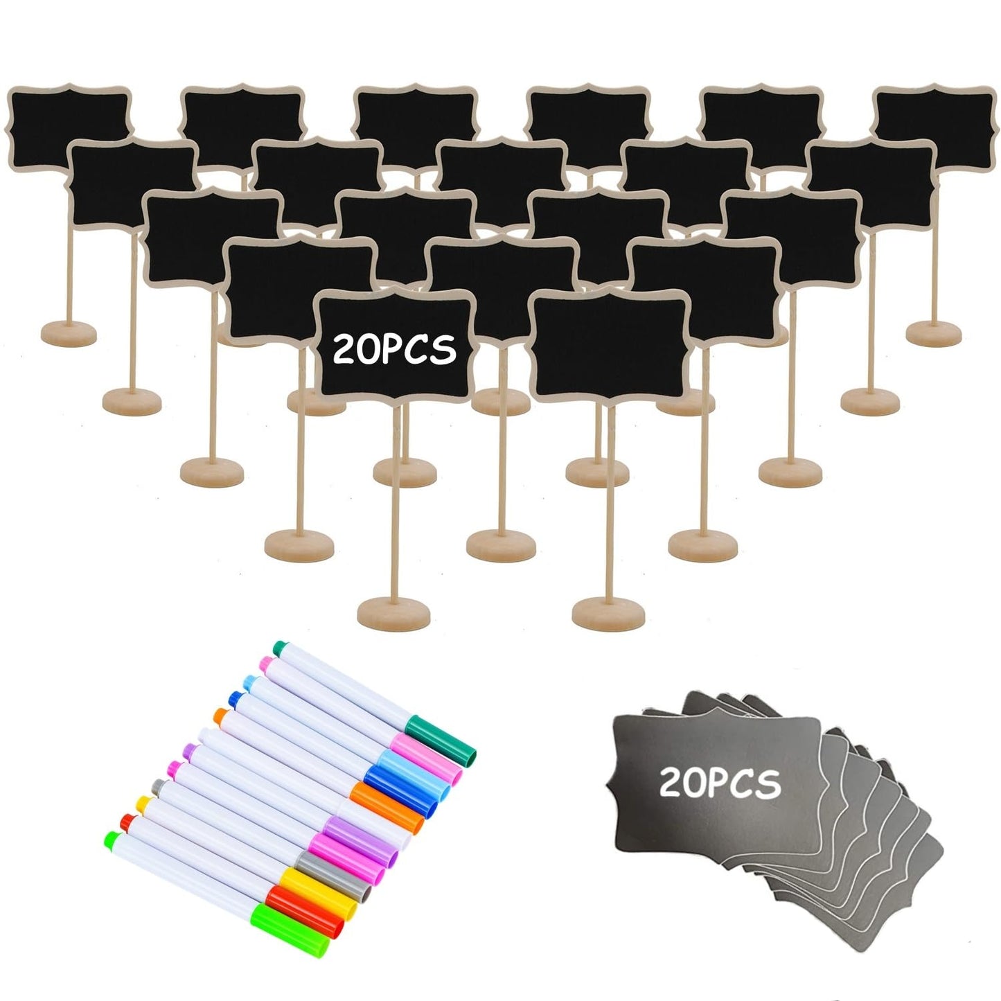 20PCS Wood Mini Chalkboard Sign and Replacement Stickers, Food Labels for Party Buffet,Blackboard for Message Board Signs,Weddings Place Cards