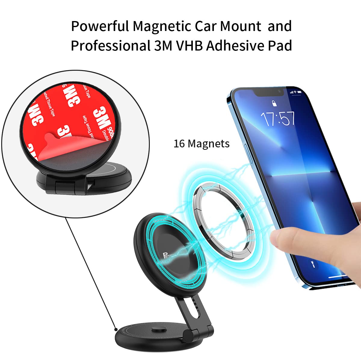 PETERONG Magnetic Car Phone Holder Mount for Tesla Model 3/Y/Mustang Mach-E Compatible with MagSafe, Car Phone Mount Foldable Invisible Cradle Stand