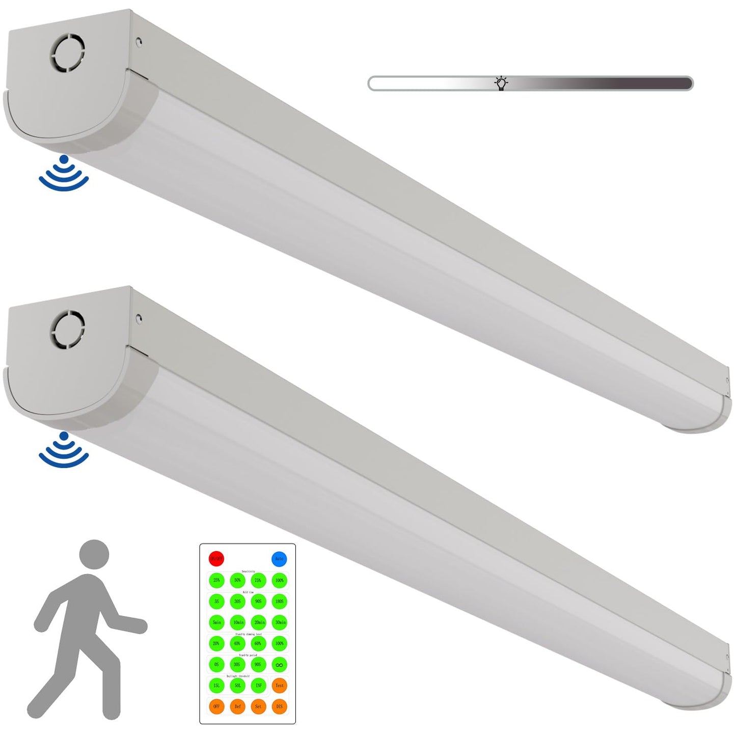 2 Pack 4FT Tri-Level Motion Sensor LED Linear Strip Stairwell Light with Remote, 20W/40W 2500lm/5000lm 5000K, IP20, 100-277V, Dimmable 4 Foot