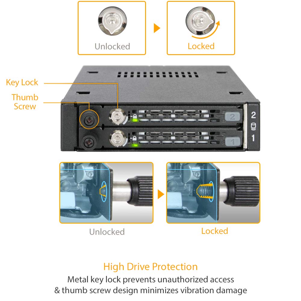 ICY DOCK Rugged Full Metal 2 x 2.5” SATA/SAS HDD & SSD Mobile Rack for External 3.5" Drive Bay with Key Lock & Thumb Screw Design | ToughArmor