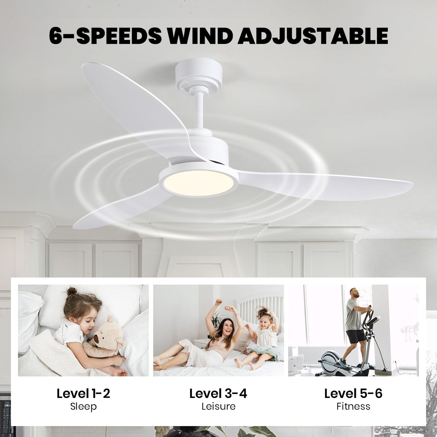 MOOONICHE 52" White Ceiling Fan with Light and Remote, Dimmable Fandelier Ceiling Fans, 6-Speed Wind Modern Fan Light with 3 Blades, Smart Timer