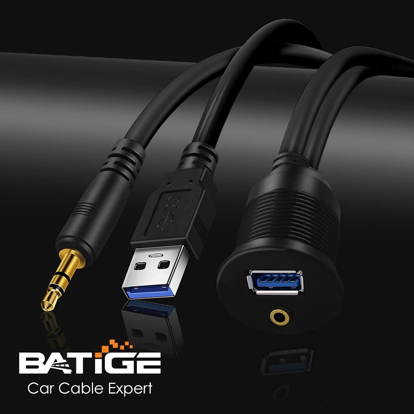 BATIGE USB 3.0 & 3.5mm Car Mount Flush Cable, 3ft