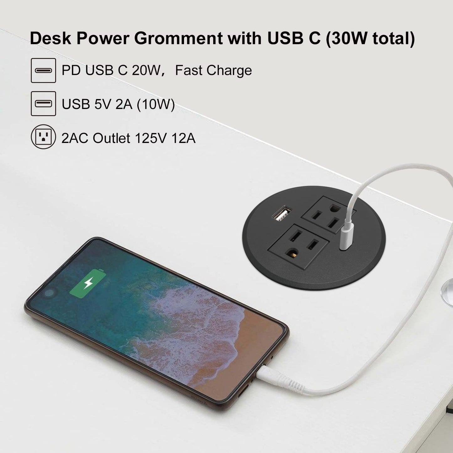Desk Power Grommet USB C Total 30W, 3.15 Inch PD Fast Charge Desktop Power Strip 2 Outlets 2 USB Ports Recessed Flat Plug Extension Cord Mount into