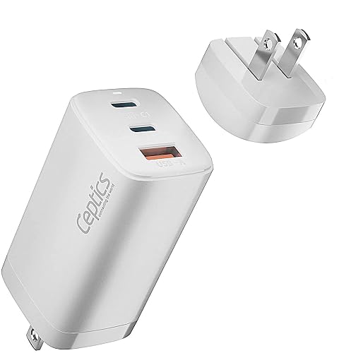 Ceptics USB C Wall Charger, 65W Ultra Compact with Quick Charge 3.0 PD Power Delivery - GAN TECH - Small USB + Dual USB-C - 3 Ports Total - Powerful