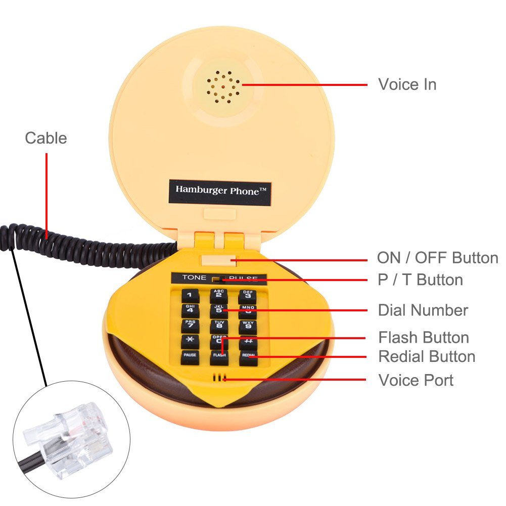 Hamburger Phone, Novelty Retro Telephone with Voice-Frequency Dialing and Flash Function Unique Food Shaped Desk Decor for Home Office Gift Idea
