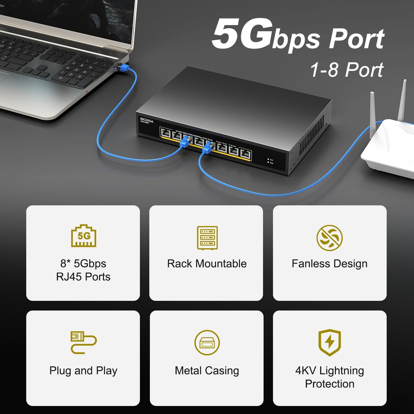 8 Port 5G Ethernet Switch Unmanaged,with 8X 5Gb Base-T Ports, NICGIGA 5Gbps Network Switch Easy for 5G NAS,PC,WiFi7 Router,5G Adapter/NIC. Desktop or