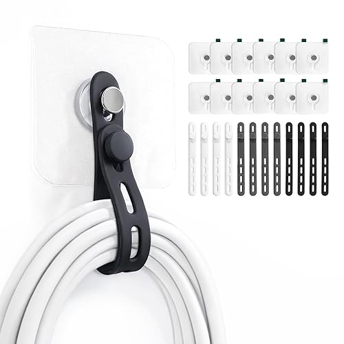 Hanging Cable Organizer System with Self Adhesive Hooks - Silicone Cord Ties for Kitchen Appliances, Power Tools, Computer Cords & Phone Chargers