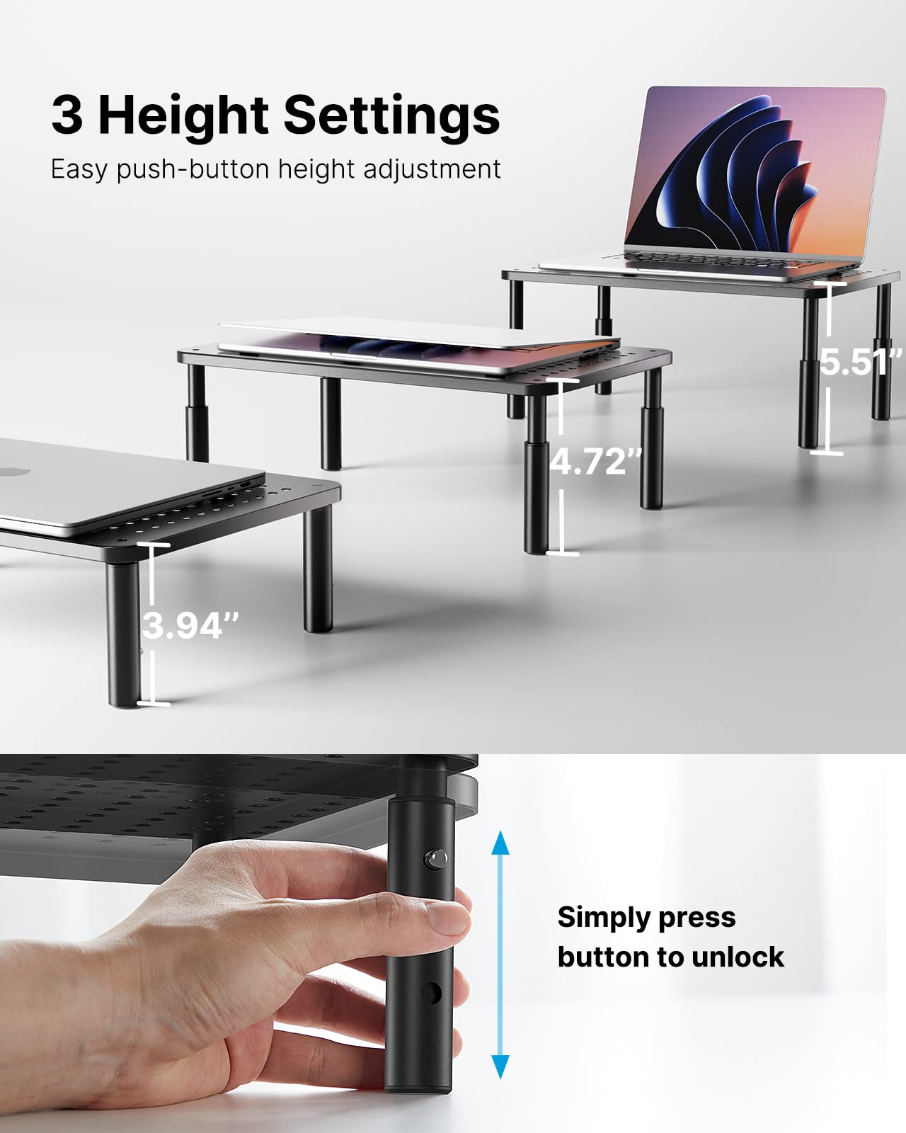 HUANUO Monitor Stand, Monitor Stand Riser 3 Height Adjustable, Monitor Riser with Airflow Vents, Laptop Stand for Desk, Laptop Riser, Desk Organizer