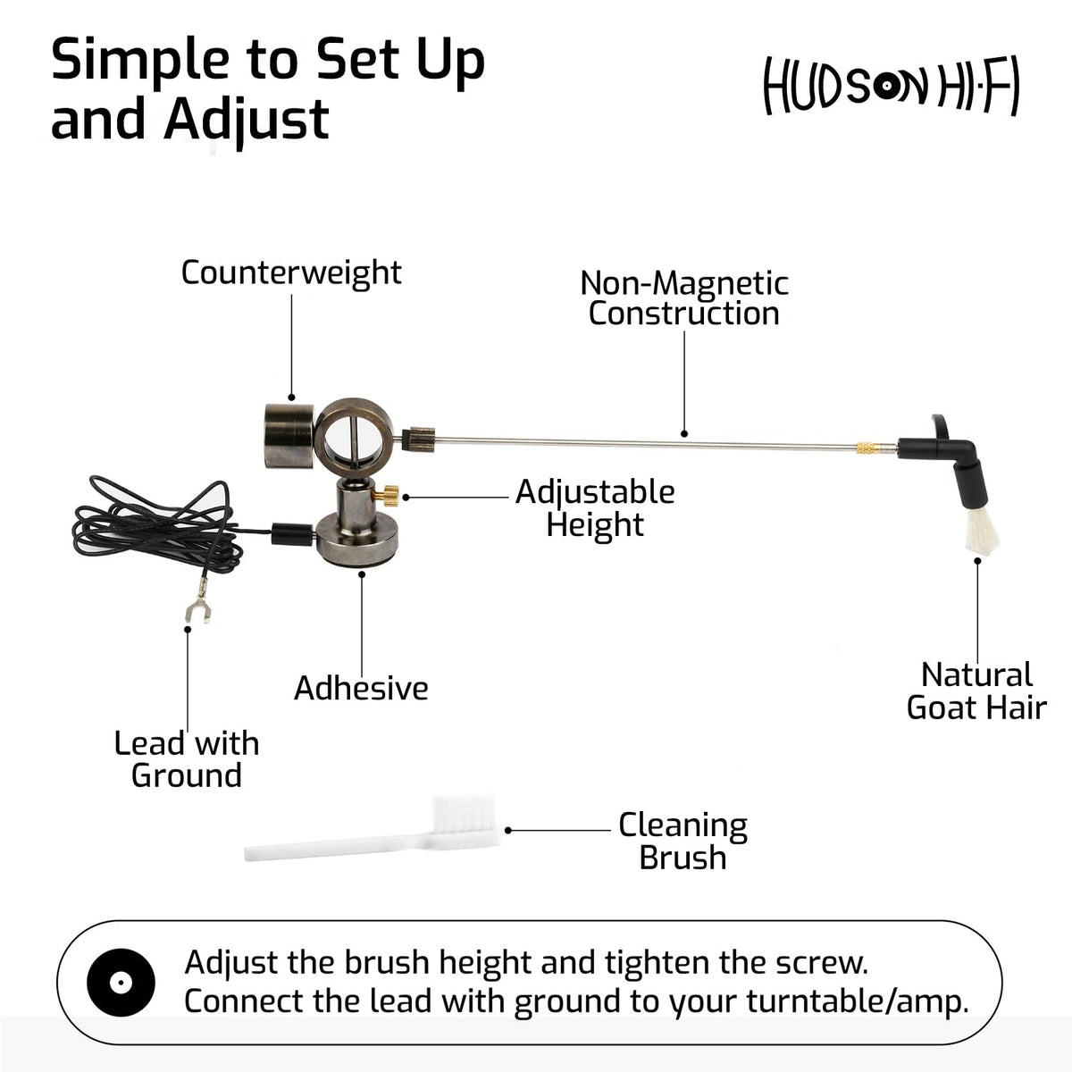 Hudson Hi-Fi Anti-Static Cleaning Arm - Adjustable, Universal Fit - Defy Damage, Perfect Playback - AutoMagically Cleans as LP Plays to Remove Dust & Static, End Needle Skipping, Popping