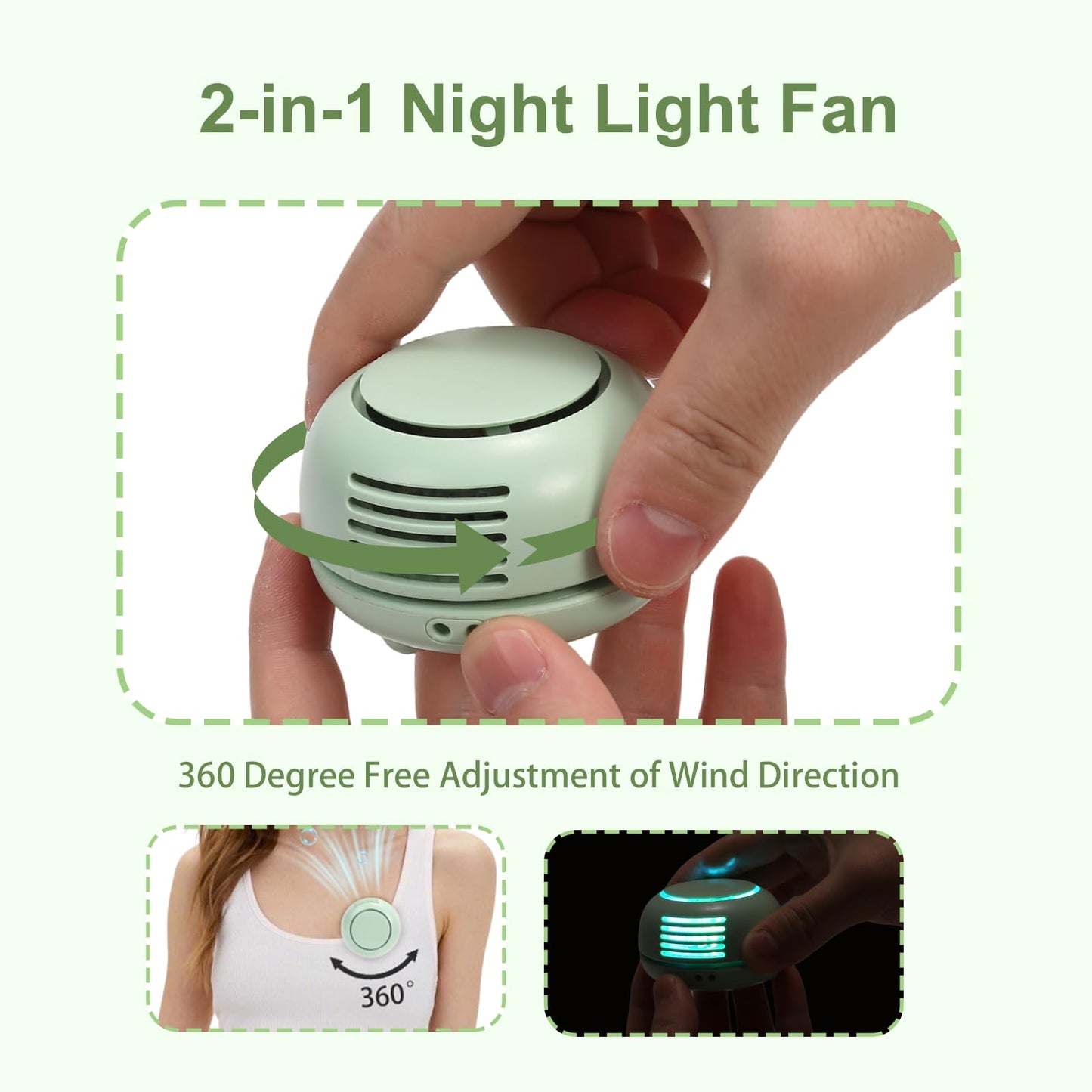 Lumoza Portable Silent Mini Bladeless Fan Clip On, 3 Speeds & Queit, Hands Free Shirt and Waist Clips Whirlwind Fans, USB Rechargeable, Night Light