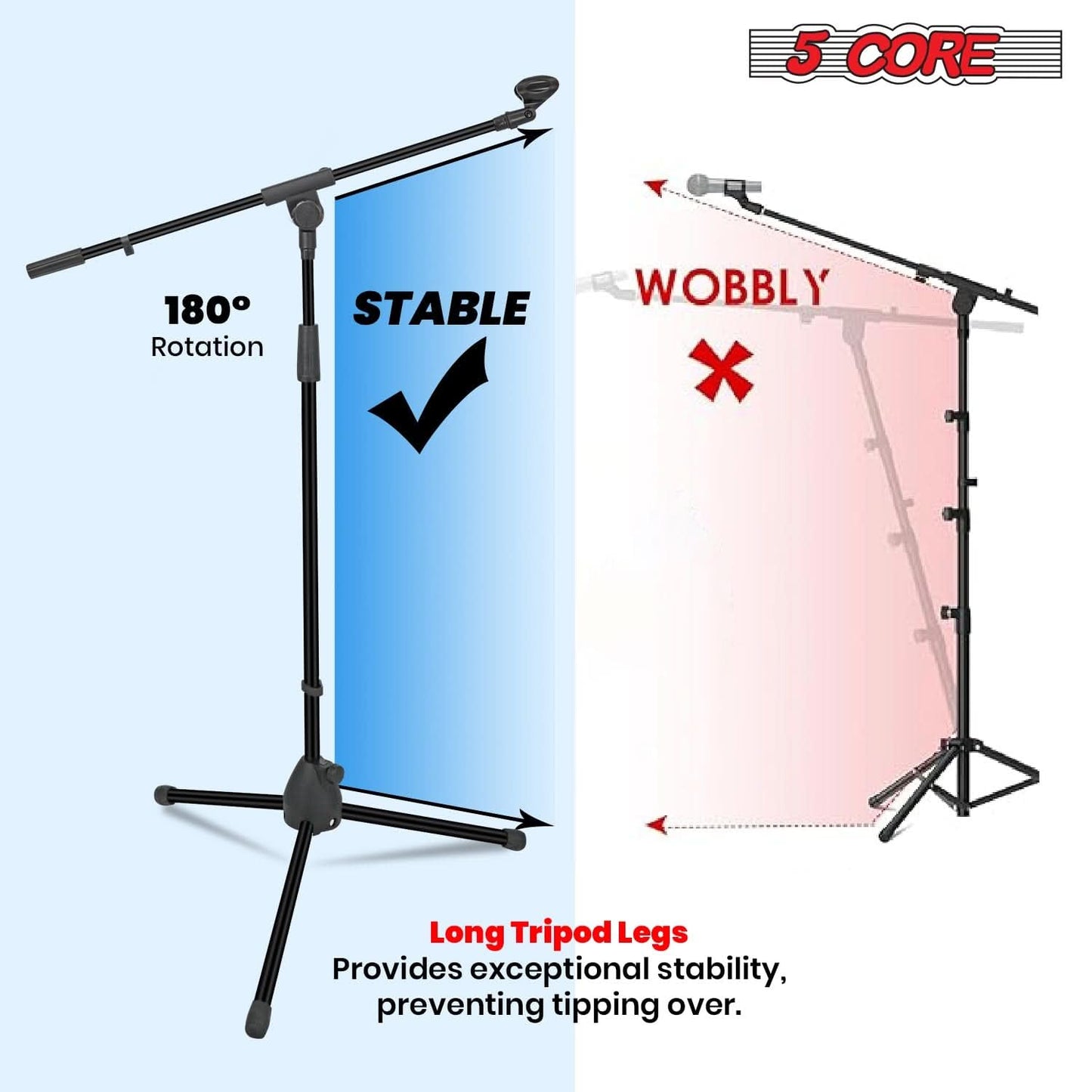 5 Core Mic Stand Floor Pair Universal Height Adjustable Tripod Microphone Stands w Extending Telescoping Boom Arm - MS 080 2Pcs