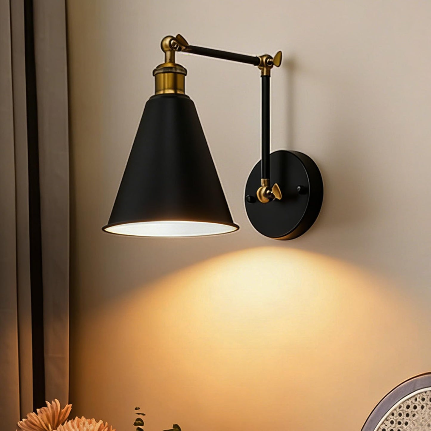 Lifora Hay Swing Arm Wall Sconce Black Gold, 7" Farmhouse Wall Light with Metal Cone Shade, Adjustable Dual-Joint Arm, Industrial Wall Lamp