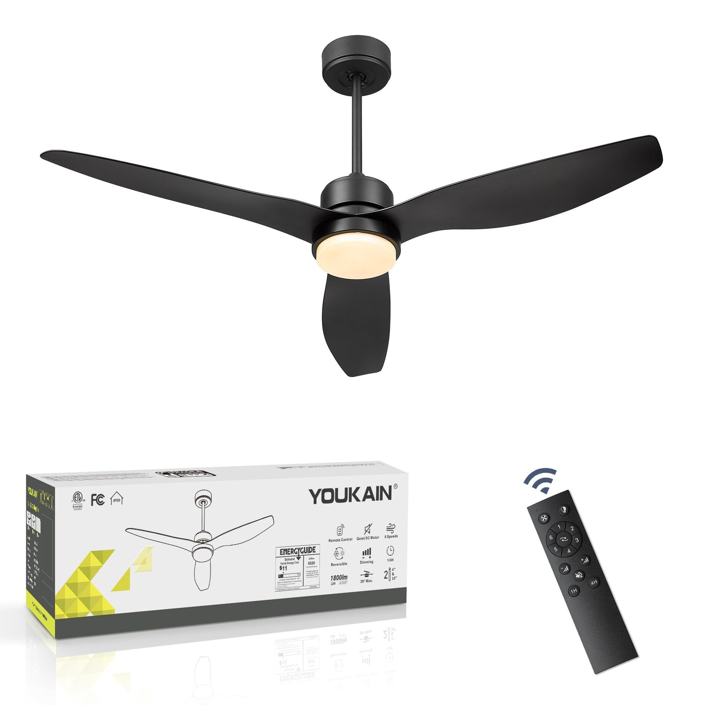 YOUKAIN 52-Inch Indoor Outdoor Ceiling Fan with Lights, Remote, Matte Black