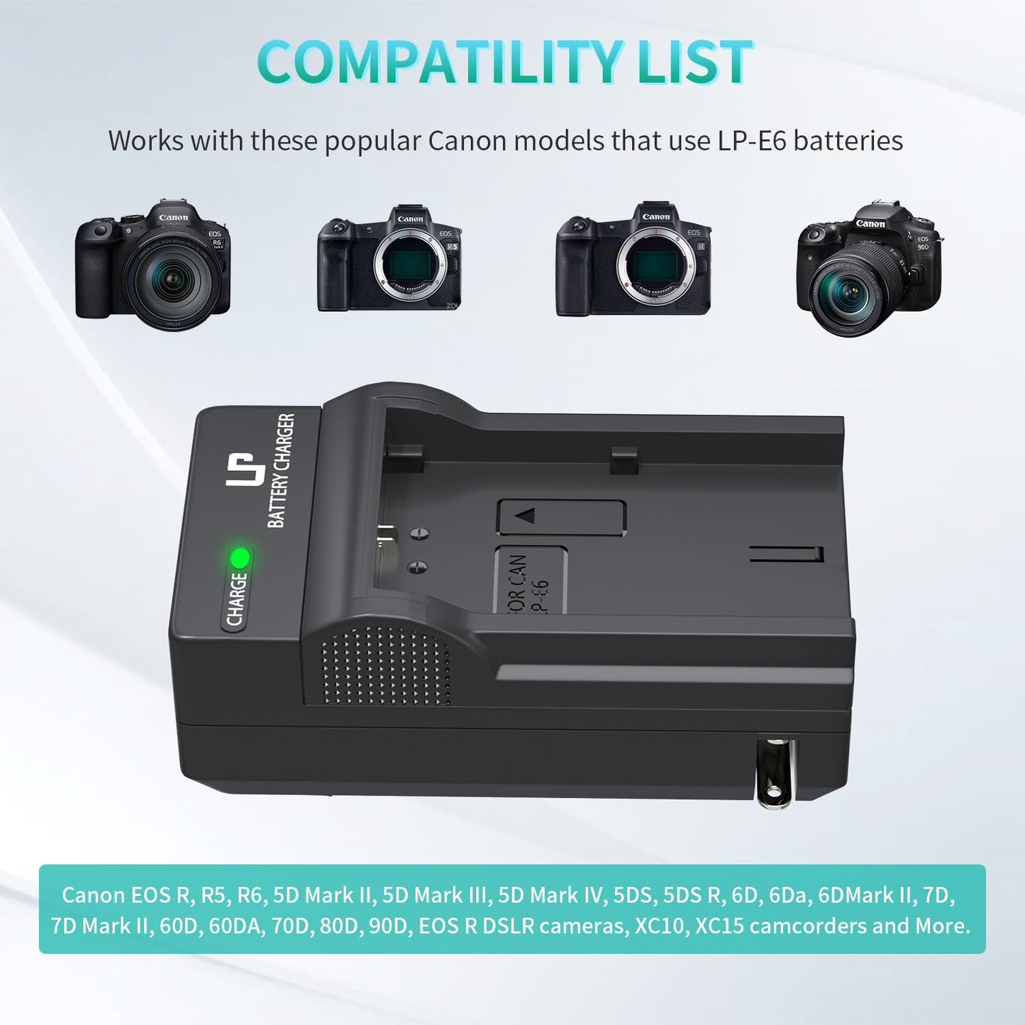 LP LP-E6 LP E6N Battery Charger, Charger Compatible with Canon EOS 90D, 80D, 70D, 60D, 60DA, 7D Mark II, 7D, 6D Mark II, 6D, 5D Mark IV, 5D Mark III