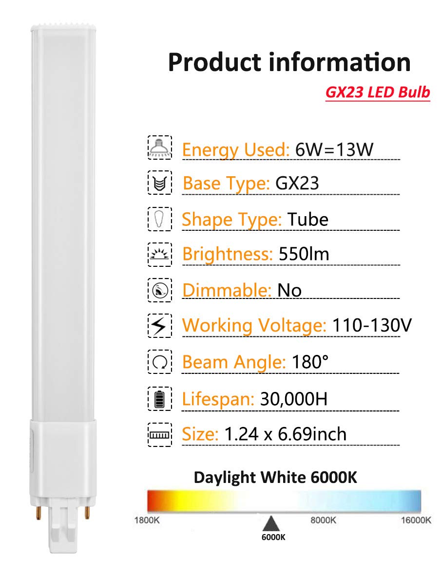 Amazing power 6W LED GX23 PL Lamp 2-Pin Base 13W CFL Replacement 6000K