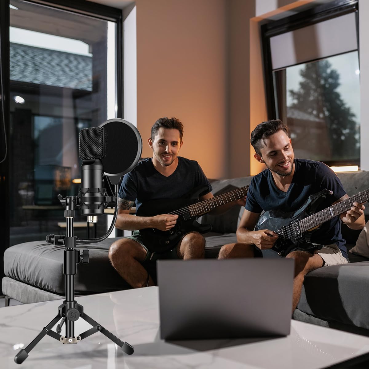 Mic Stand Desk, Table Mic Tripod Desktop Mic Stand Height Adjustable Small Microphone Stand for Desk with Pop Filter Shock Mount Mic Clip 1/4" to 5/8"
