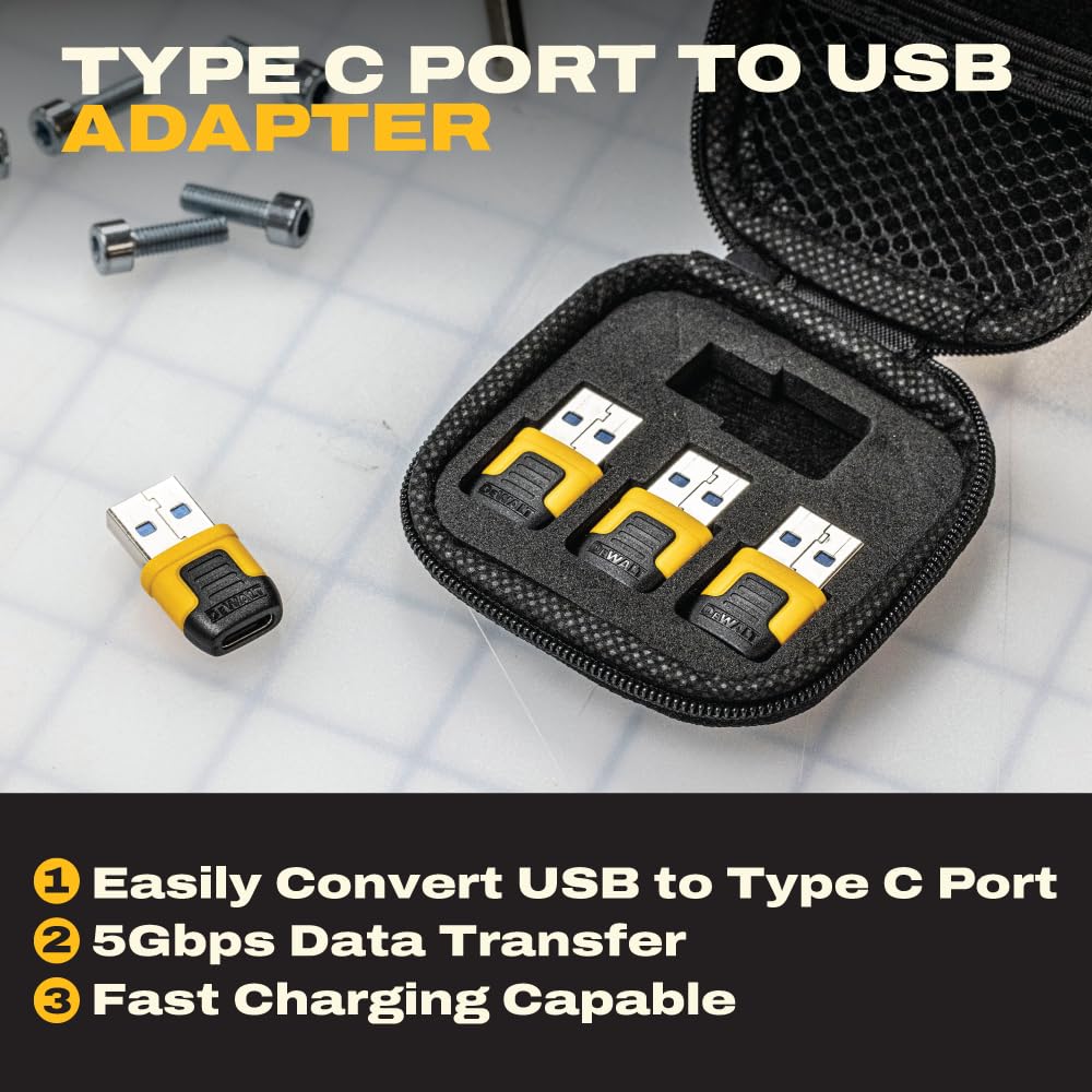 DEWALT Heavy Duty USB-C Female to USB-A Male Adapter 4 Pack w/Case - Fast Charging 3.0 Converter 5Gbps Data Transfer, Compact Durable USB to USB-C…