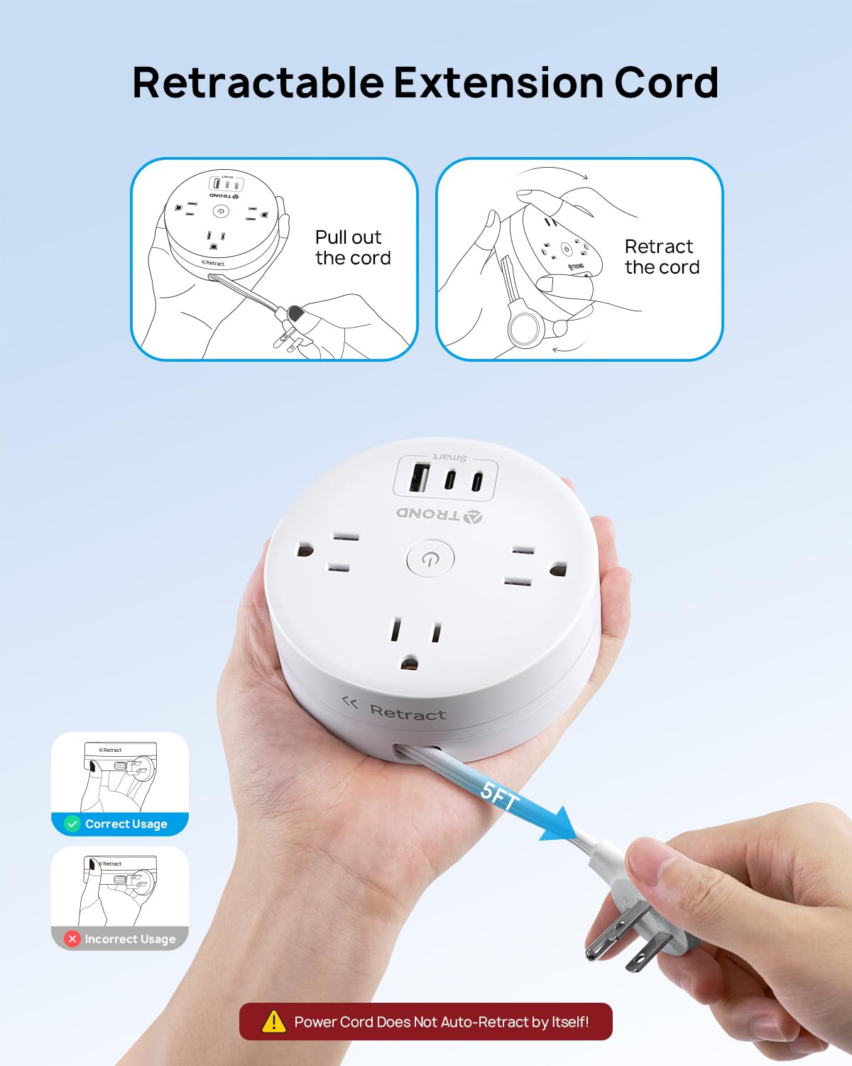 TROND Travel Power Strip - Retractable Extension Cord 5ft Ultra Thin Flat Plug, Retractable Power Strip with 3 AC Outlets 3 USB Ports (2 USB C)
