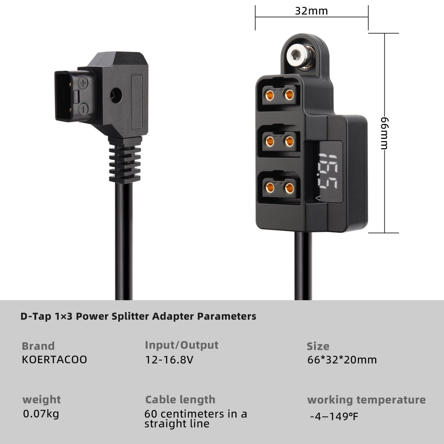 KOERTACOO D-Tap 1×3 Power Splitter Adapter with Voltage Display & 1/4 Mounting Screws for V-Mount/Gold Mount Battery,Camera Cage,Video Transmission