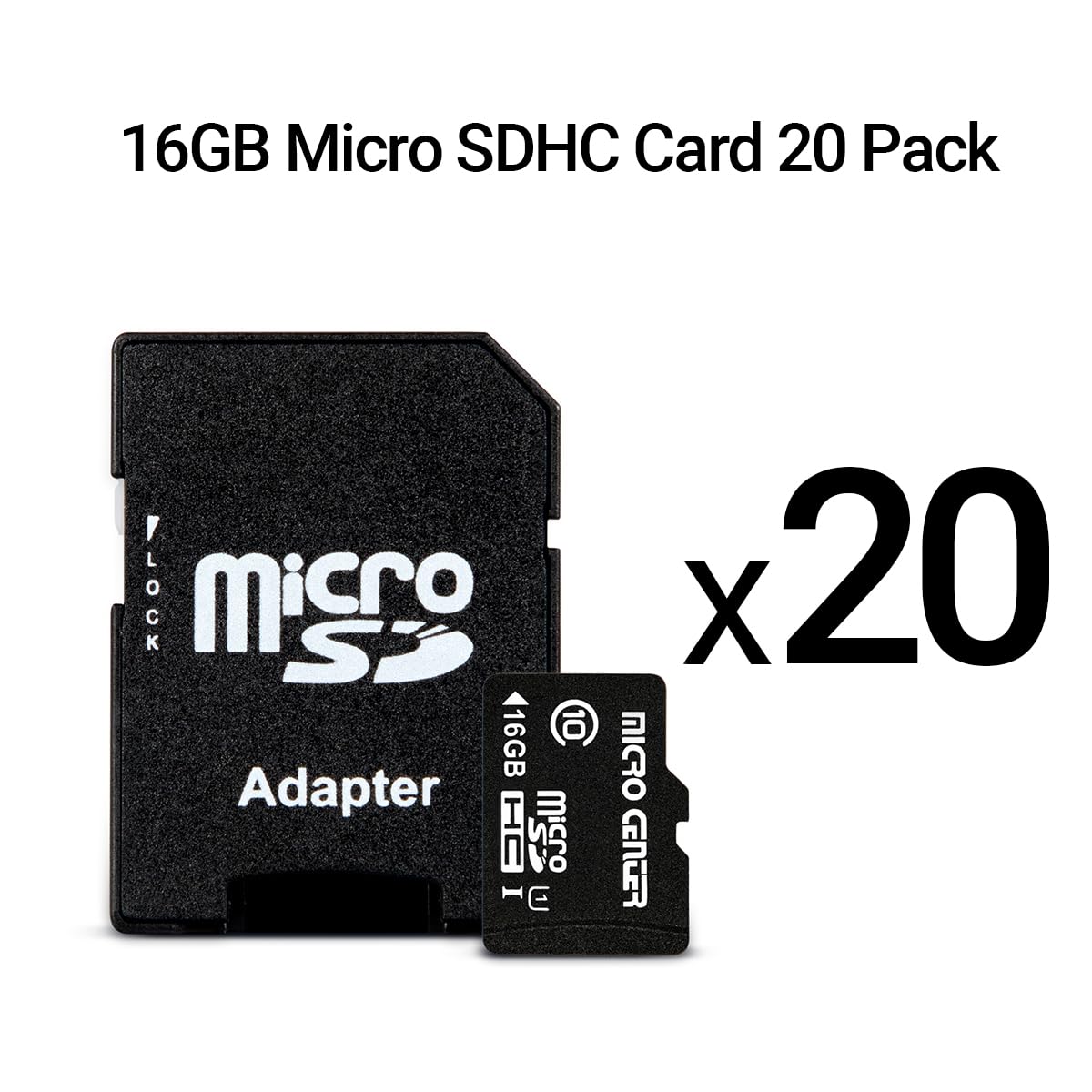 Micro Center 16GB Class 10 Micro SDHC Flash Memory Card 20 Pack with Adapter for Mobile Device Storage Phone, Tablet, Drone & Full HD Video Recording
