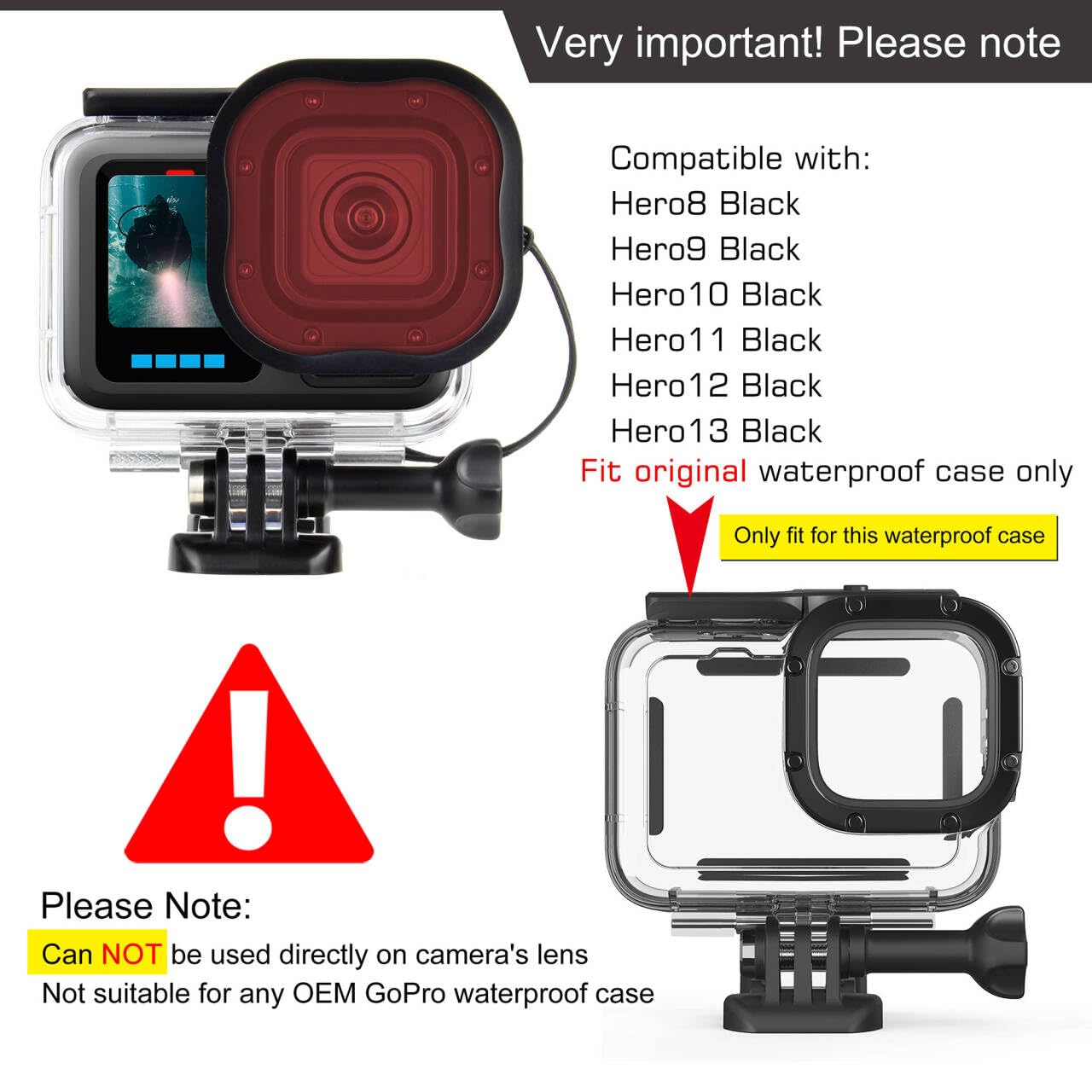 GEPULY 4 Pack Underwater Dive Filters for GoPro Hero 8 9 10 11 12 13 Black Official Waterproof Housing Case in Red, Light Red, Magenta, and 5X