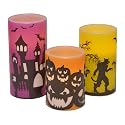 Mark Feldstein & Associates Halloween Haunted House Silhouette Flameless LED Wax Candle Pillars, 3 Piece Set, 6 Inch