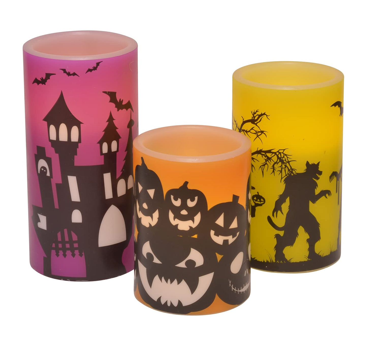 Mark Feldstein & Associates Halloween Haunted House Silhouette Flameless LED Wax Candle Pillars, 3 Piece Set, 6 Inch