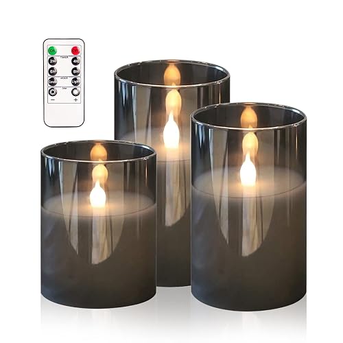 HIYAA LED Flameless Candles, Gray Glass Battery Operated Candles Flickering with Remote, 3D Wick Realistic Warm Light LED Candles Flickering