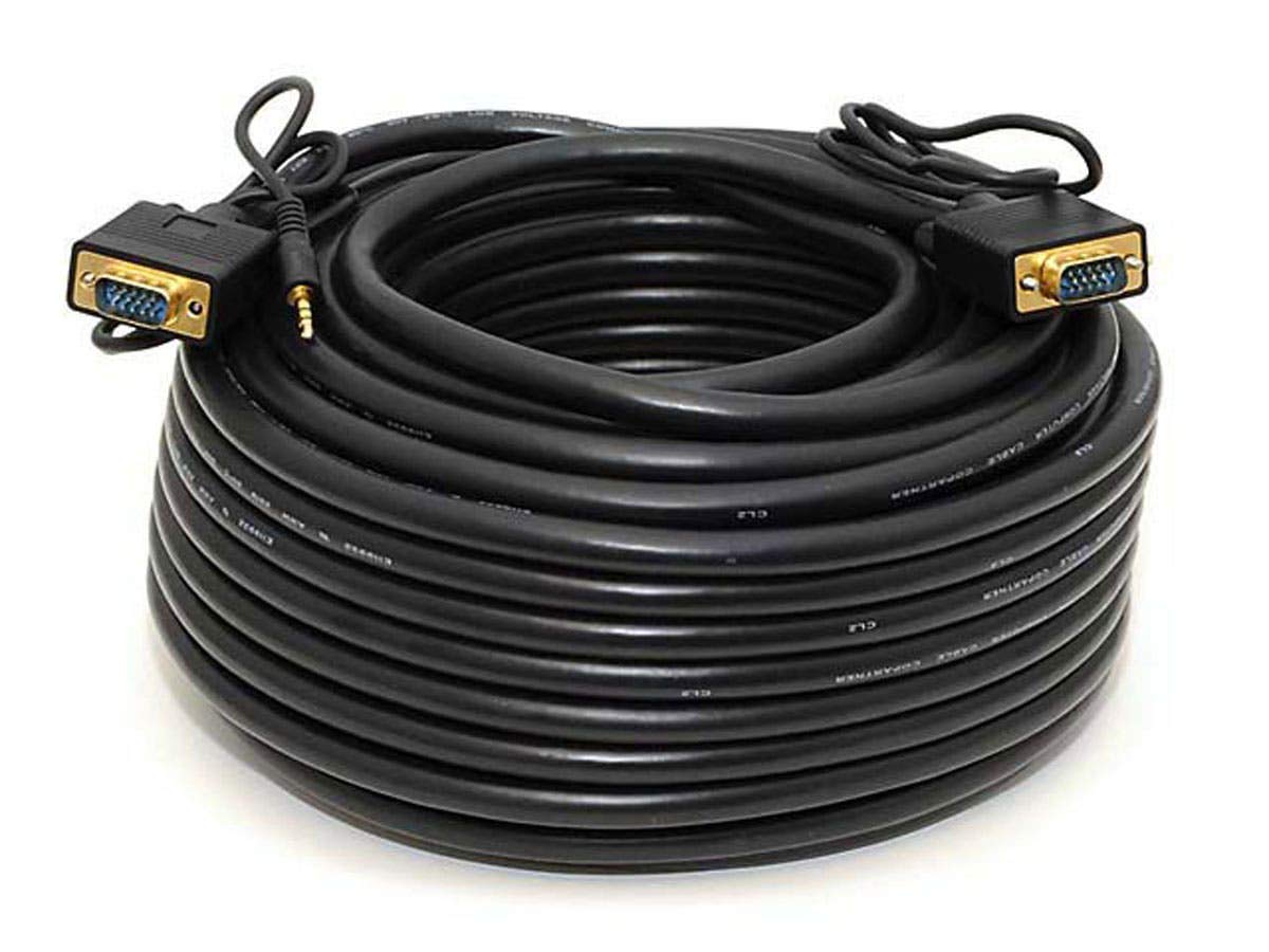 Monoprice Super VGA Cable - 100 Feet - Black | VGA/SVGA Male to Male Monitor Cable w/Stereo Audio and Triple Shielding, 22AWG Conductor