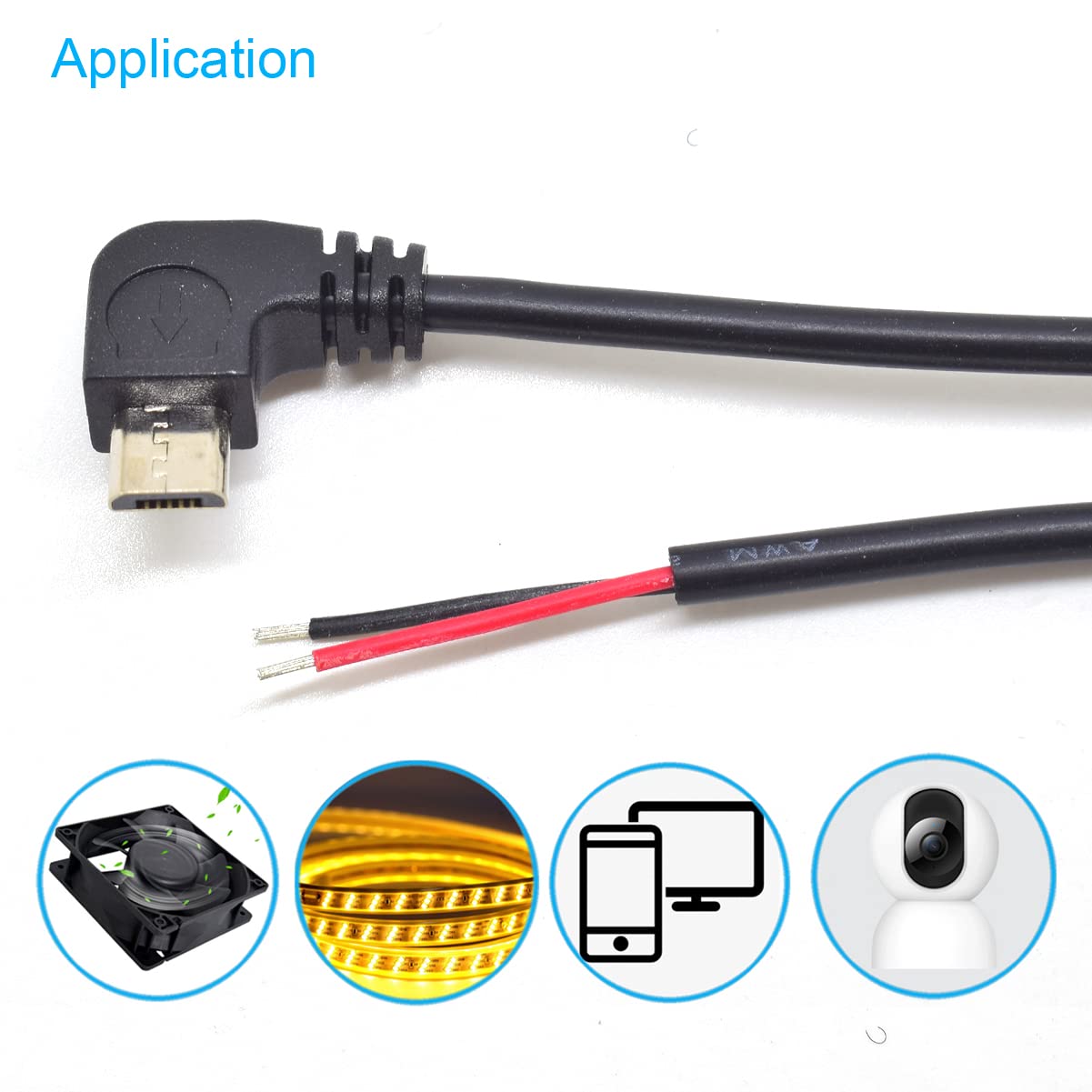 ELNONE 5PCS Angle 90D Micro 2 Wire Pigtail Cable - Micro USB Male to Open-end - 30cm/12inch - 22AWG - 5V 3A DIY Power Charge Cable with Quick Wire