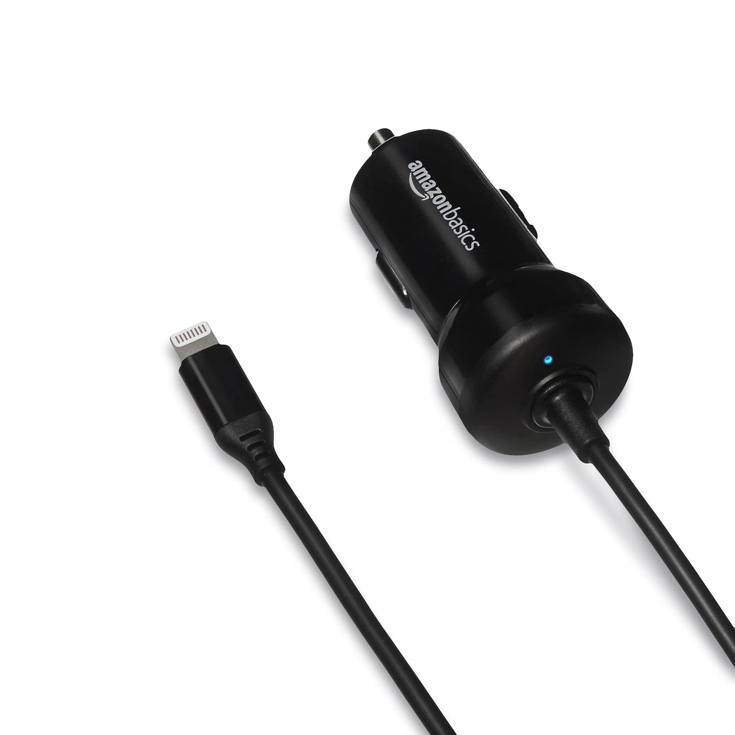 Amazon Basics 12W (5V, 2.4A) Fast Car Charger with Coiled Lightning Cable, MFi Certified for iPhone, iPad and Apple Devices, 1.5 ft, Black