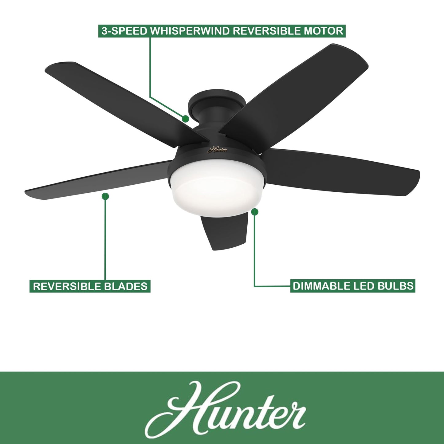 Hunter Fan 48 Inch Black Indoor Ceiling Fan with Light, Low Profile Ceiling Fan with Remote for Bedroom, Living Room, Dining Room, Kitchen, Office