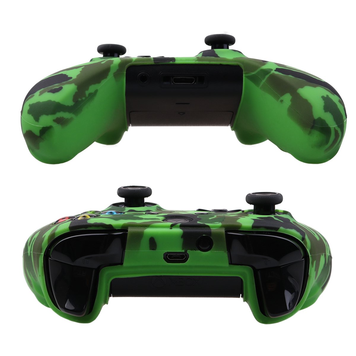 YoRHa Water Transfer Printing Camouflage Silicone Cover Skin Case for Microsoft Xbox One X & Xbox One S Controller x 1(Green) with PRO Thumb Grips x 8