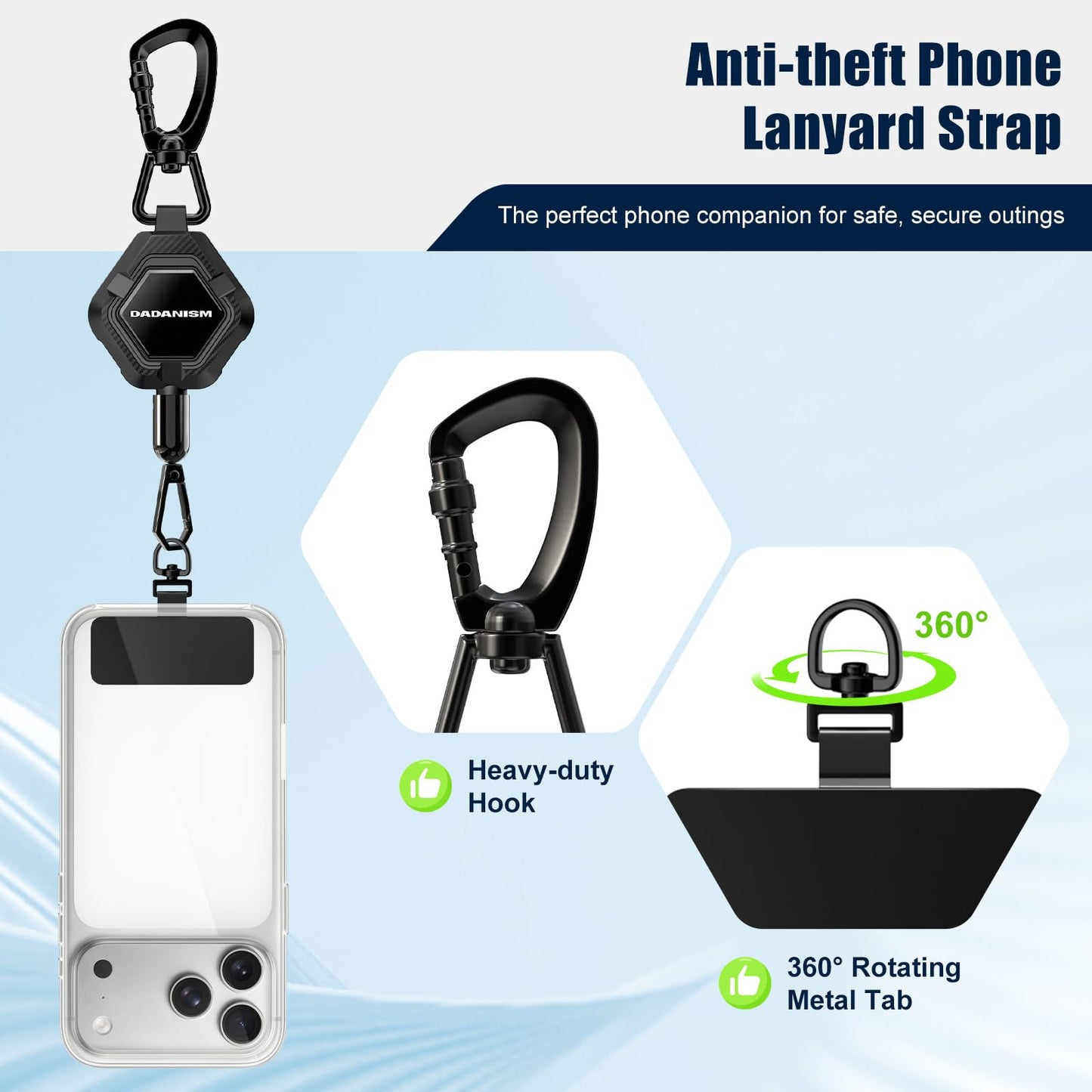 Dadanism Anti-Theft Phone Tether, Universal Phone Lanyard Retractable Steel Line Cell Phone Strap with Heavy-Duty Carabiner & 360° Rotatable Metal Tab