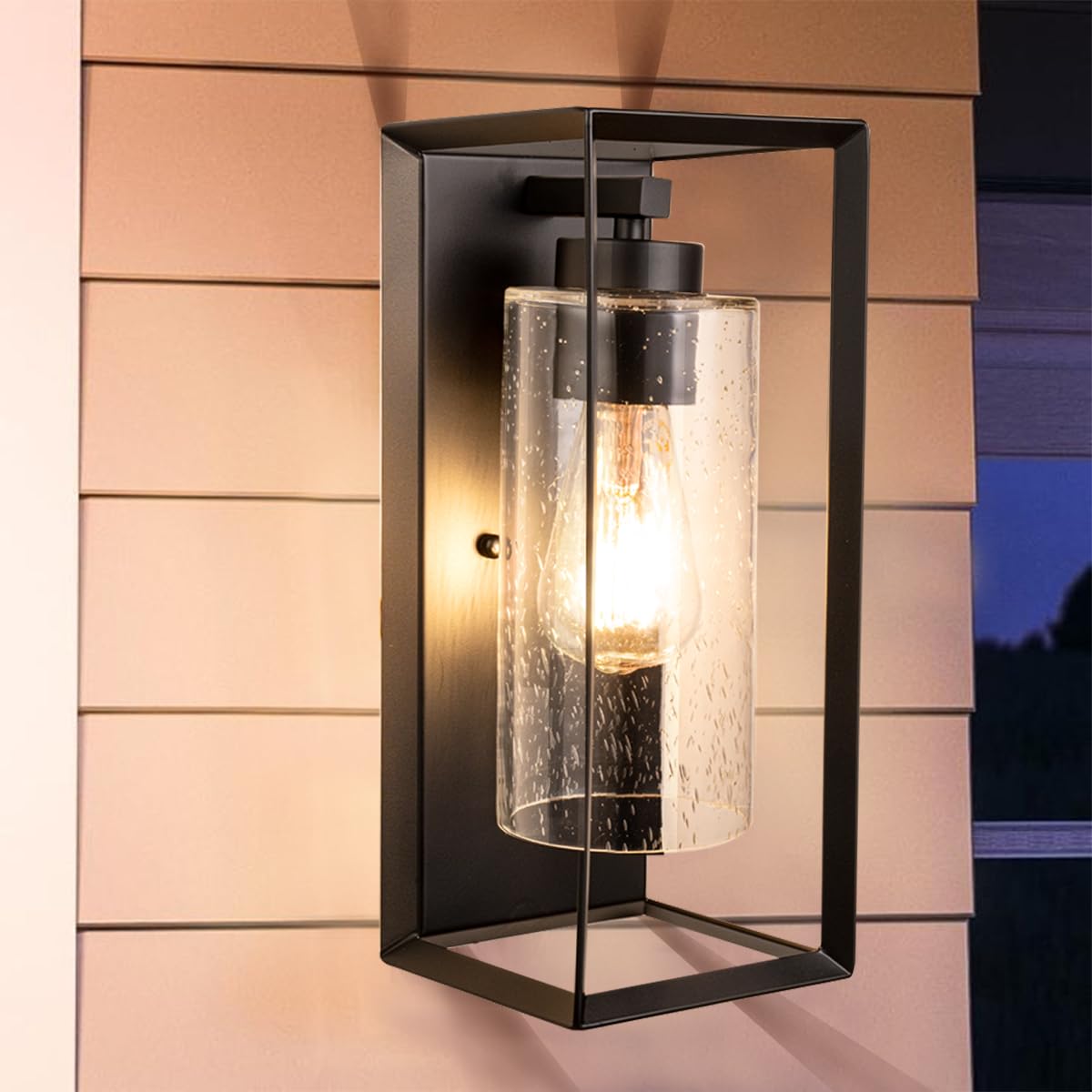 AMUMO Craly 14" H Outdoor Wall Lights, Outdoor Wall Sconce Exterior Waterproof Wall Lantern with Clear Seeded Glass Shade, Anti-Rust Black Metal Frame