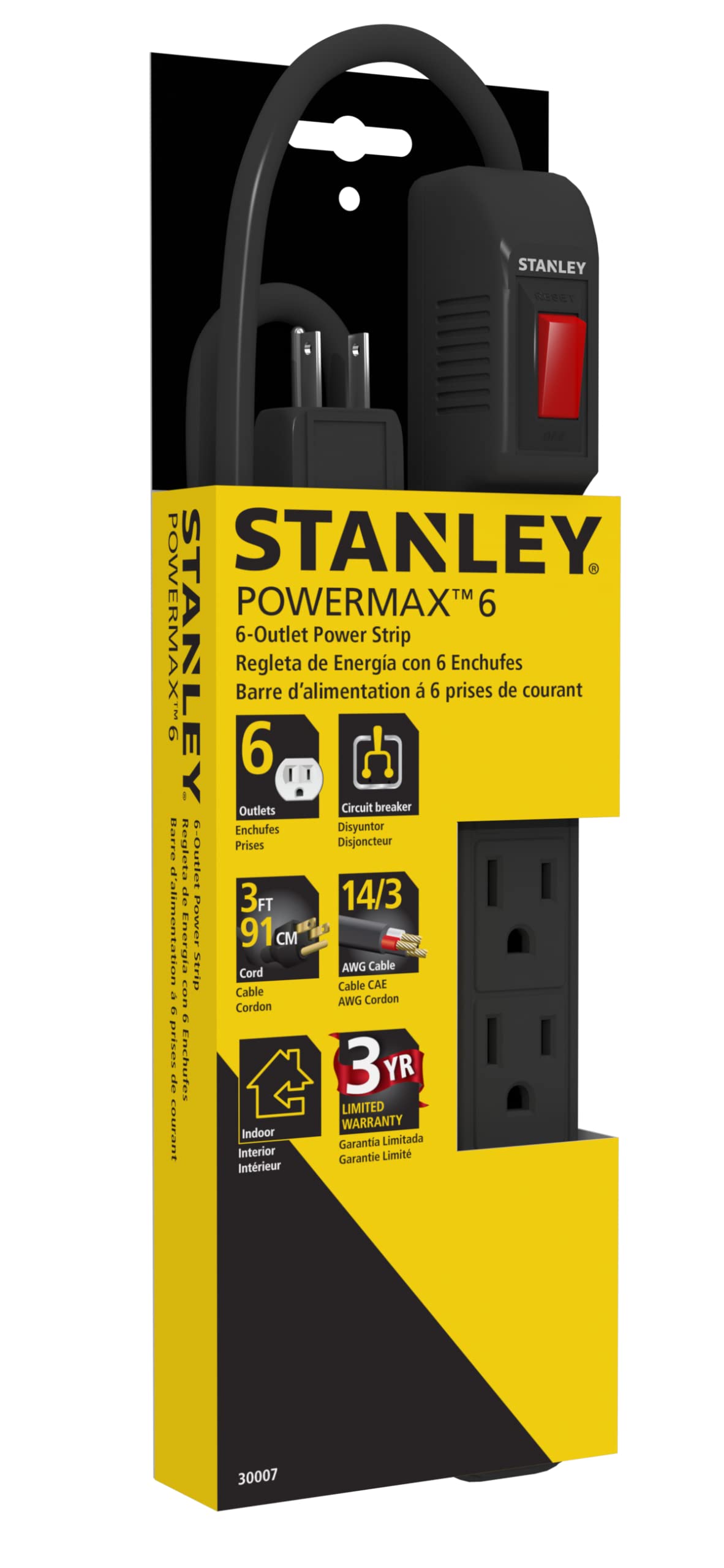 STANLEY 30007 POWERMAX 6 Outlet Power Strip, 3F Cord, ON/Off Switch, Black (1, Single)