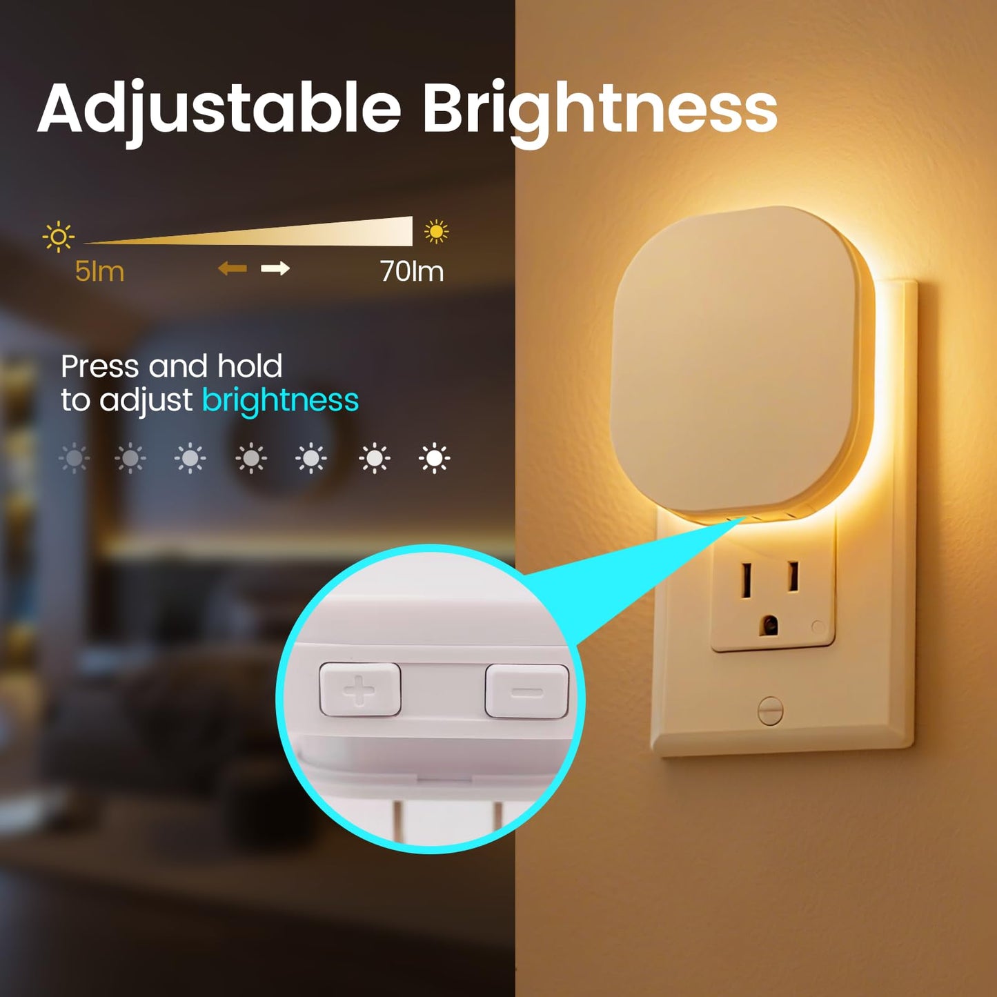 Hiwrolat Plug-in LED Backlit Night Light with Motion Sensor & Dusk to Dawn Sensor, 2700K Soft Warm White Nightlight with Dimmable Brightness