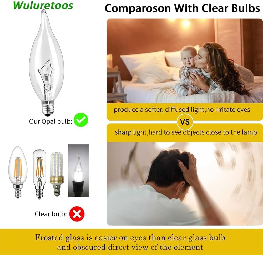 Wuluretoos 12- Pack E12 Candle Light Bulbs,60W Candelabra Light Bulbs, B10 Clear Candle Base Bulb with Warm White 2700K, 600 Lumen Dimmable,