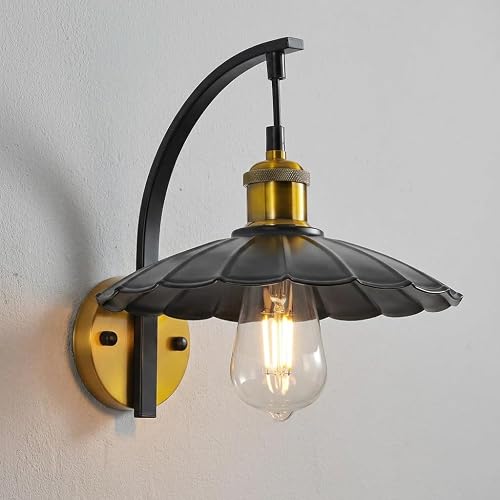 HOREVO Industrial Wall Sconces, Vintage Wall Light Fixtures with Scalloped Metal Shade, Matte Black & Gold Wall Mounted Lamp for Bedroom, Farmhouse