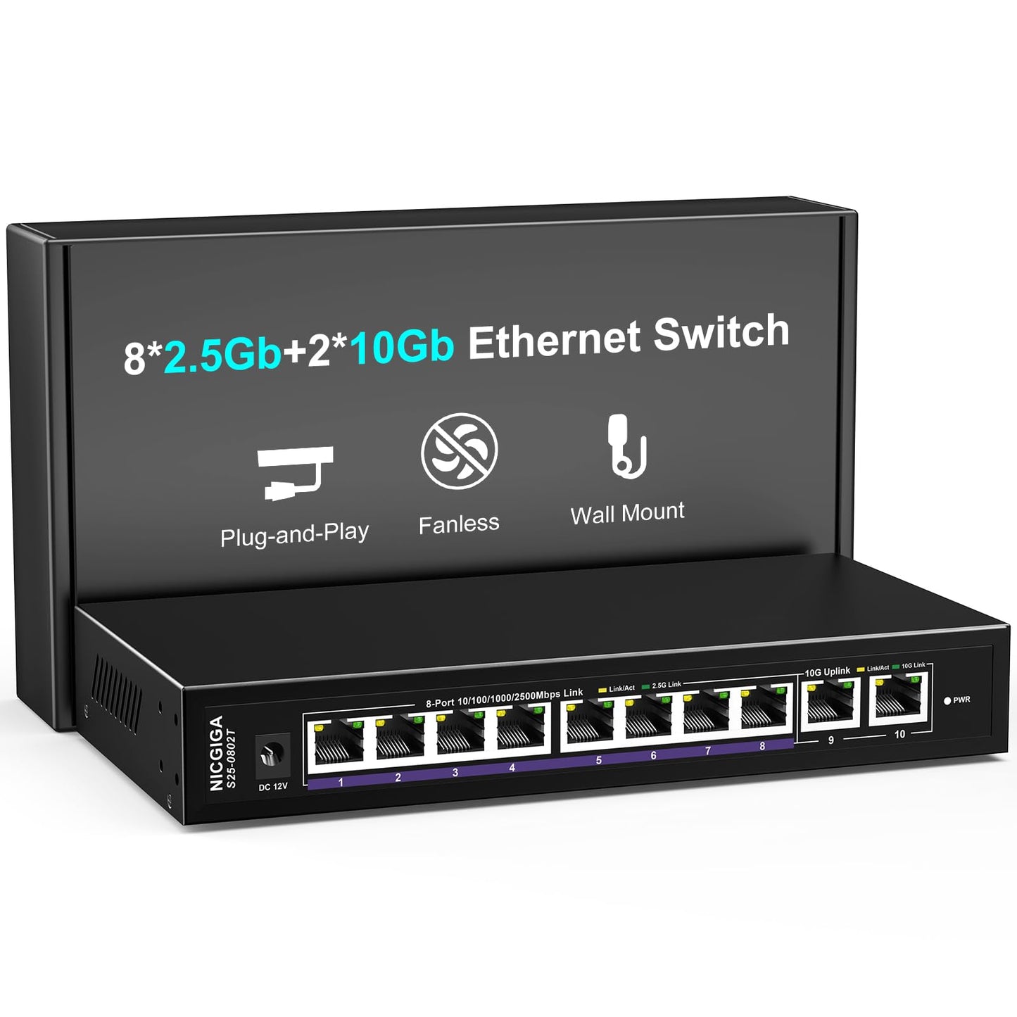 10Gbe Ethernet Switch Unmanaged with 2 x 10Gb RJ45 Ports ? 8 x 2.5Gb Base-T Ports, Desktop/Wall Mount NICGIGA 10 Port 10Gbps Network Switch