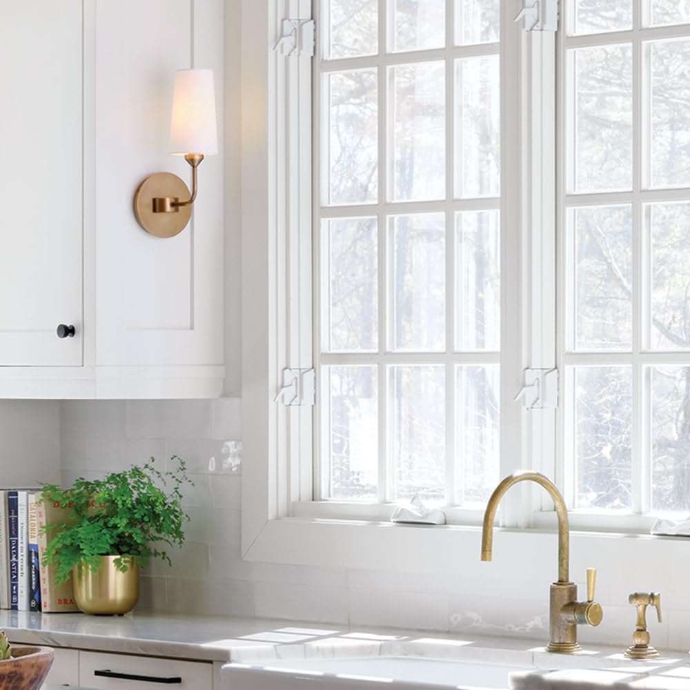 Hinkley Lewis Medium Single Light Wall Sconce, Tall, Tapered Drum Natural Paper Shade w/Fine Stitching Detail, Slender Silhouette, Heritage Brass