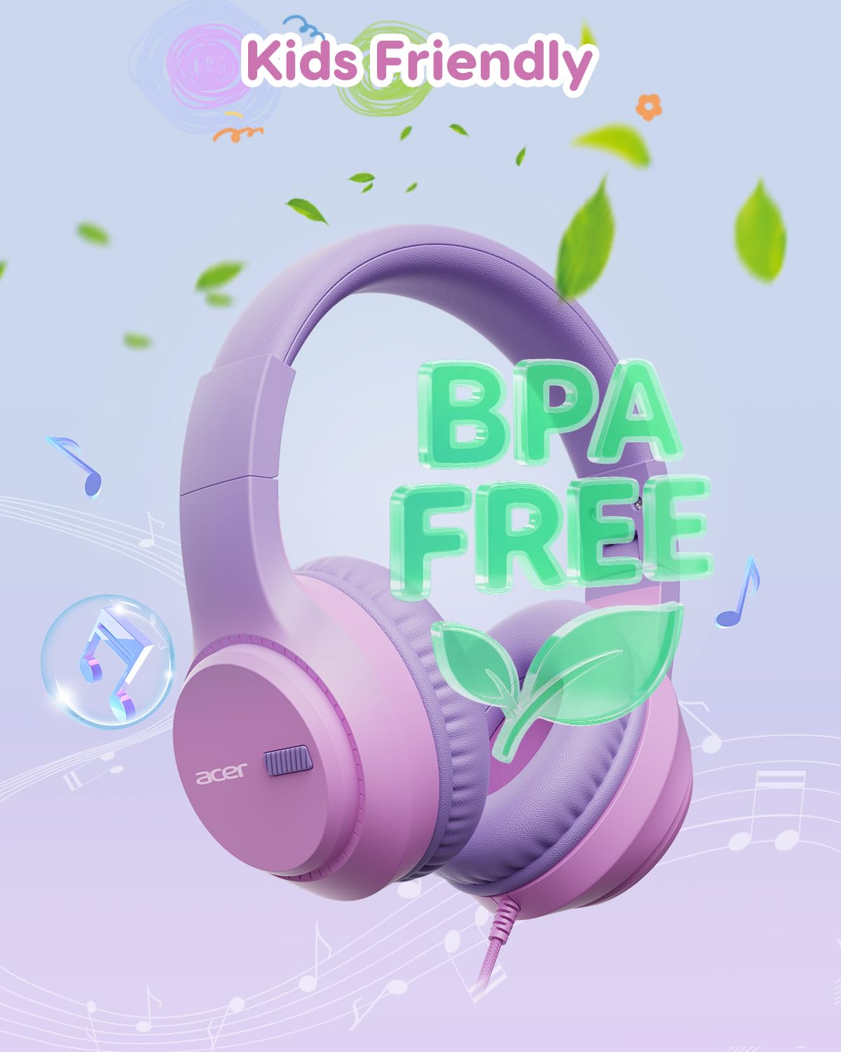 Acer Kids Headphones, 74/85/94dB Volume Limiter, Foldable Wired Over Ear Headphones for Travel, 3.5mm Jack, Toddler Headphones for School, iPad
